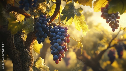 Sunlit grapes ripening on the vine with warm light filtering through leaves showcasing natural beauty and lush vineyard scenery. photo