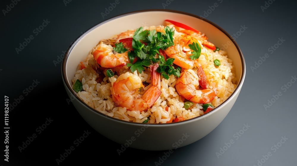 Shrimp and Fresh Vegetables in a Bowl of Flavorful Stir-Fried Rice Garnished with Herbs and Peppers Shrimp and Fresh Vegetables in a Bowl of Flavorful Stir-Fried Rice Garnished with Herbs and Peppers