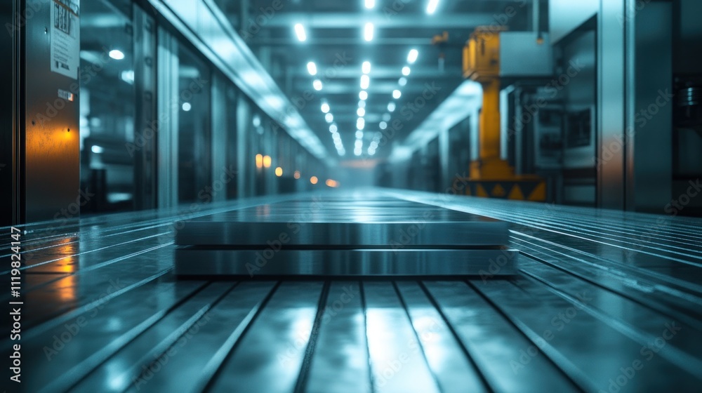 custom made wallpaper toronto digitalIndustrial metal conveyor belt with stacked metal plates in a modern factory.