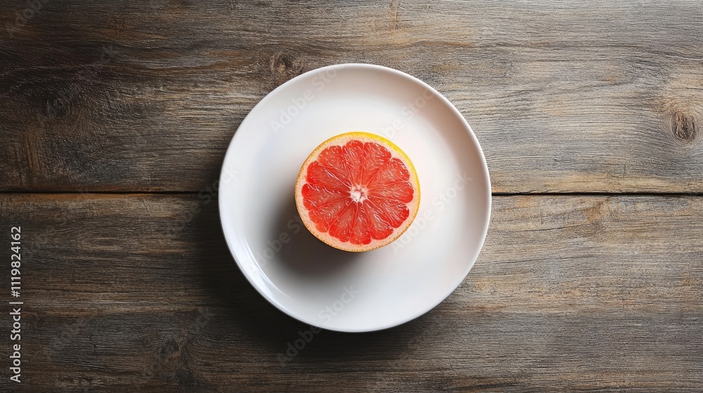 Freshly cut grapefruit on a white plate displaying vibrant color and texture against a rustic wooden background for culinary themes. Freshly cut grapefruit on a white plate displaying vibrant color and texture against a rustic wooden background for culinary themes.