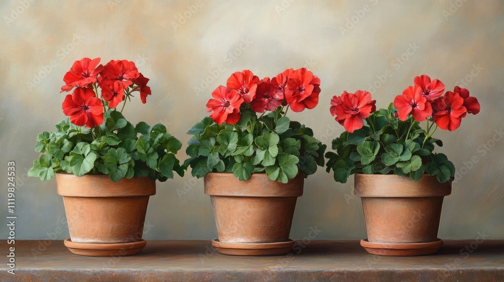 Three vibrant red geraniums thriving in rustic clay pots against a softly blurred background highlighting their natural beauty. Three vibrant red geraniums thriving in rustic clay pots against a softly blurred background highlighting their natural beauty.