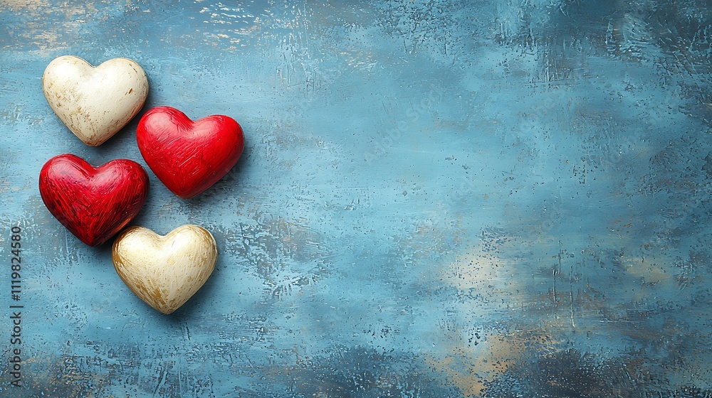 Fototapeta premium Romantic Hearts on Rustic Blue Background