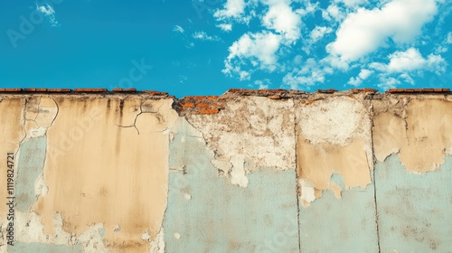 Weathered school wall with cracked paint and bricks against a bright blue sky with clouds highlighting urban decay and historical architecture. photo