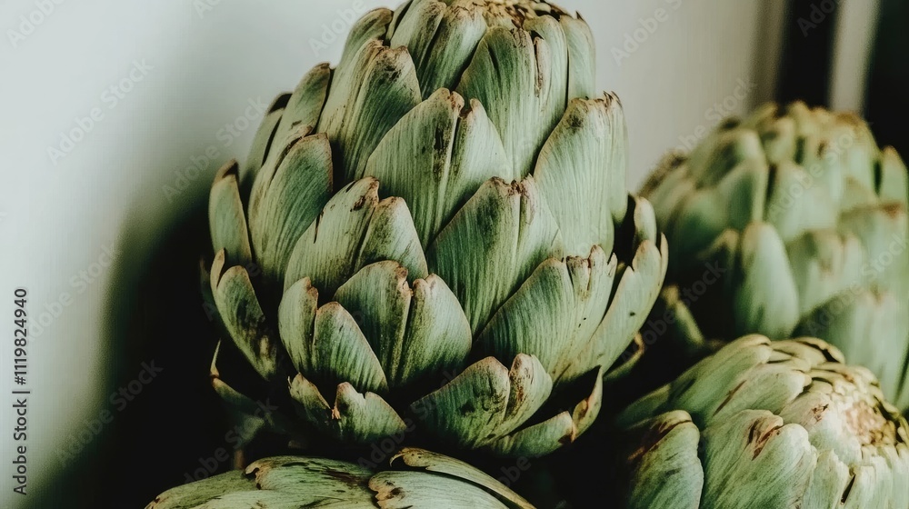 Obraz premium Fresh artichokes stacked artistically showcasing their unique texture and color against a neutral background perfect for culinary themes.