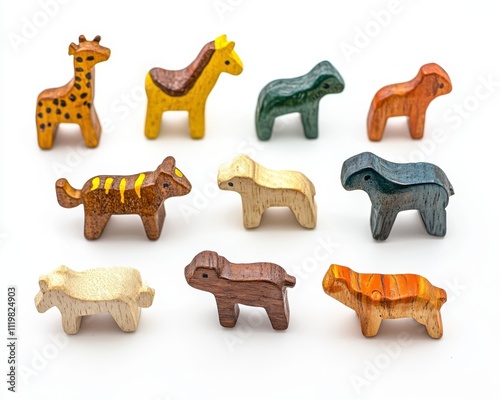 Colorful wooden animal figurines on a white isolated background. photo