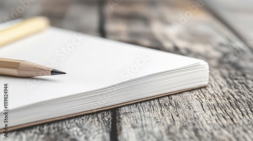 Wallpaper Mural Blank notebook page and wooden pencil on rustic table for business templates and mockups showcasing memo note inspiration and creativity. Torontodigital.ca