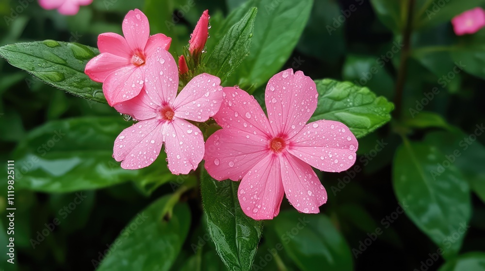 Pink flower blossoms adorned with morning dew in a home garden, showcasing the beauty of nature after summer rain. Pink flower blossoms adorned with morning dew in a home garden, showcasing the beauty of nature after summer rain.