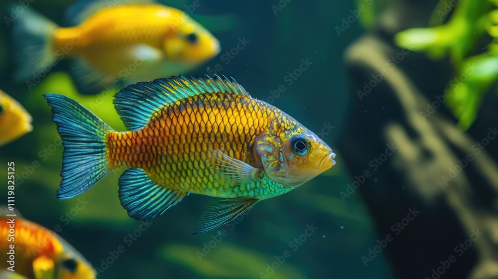 Captivating underwater scene featuring vibrant Tilapia swimming gracefully in a lush aquaculture pond environment.