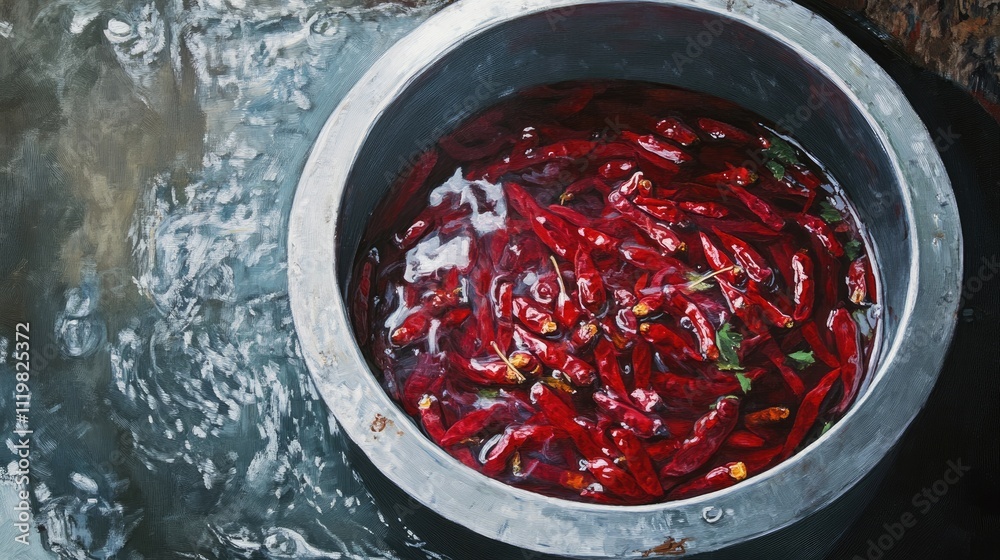Basin filled with vibrant red dried chilies surrounded by water showcasing rich color and texture in culinary context