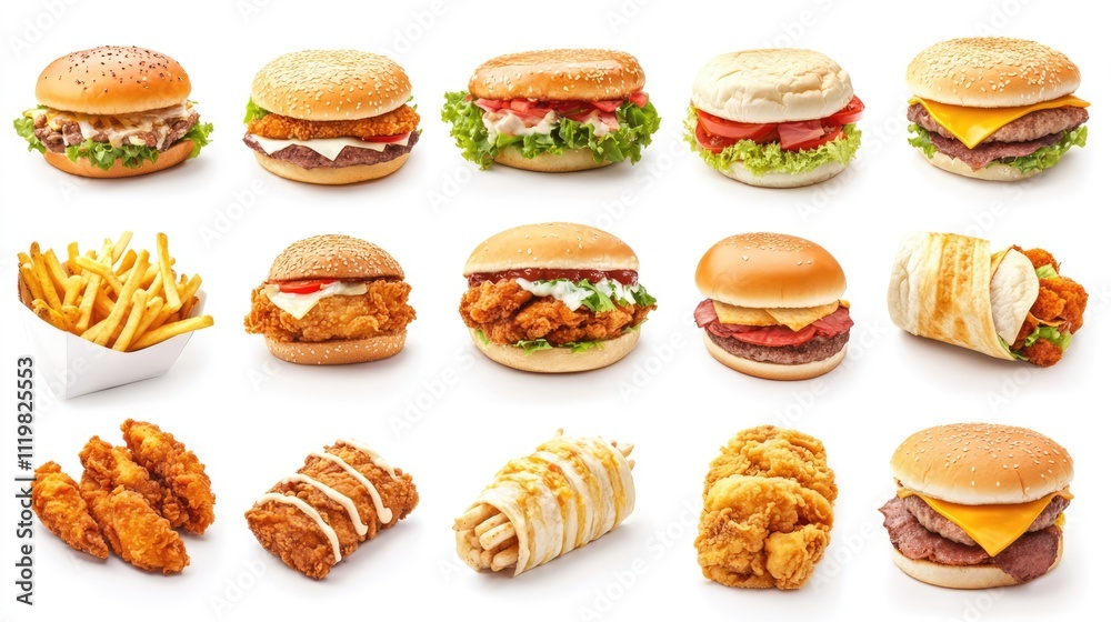 Diverse Fast Food Collection Featuring Burgers Fries Chicken and Tacos on White Background Delicious Junk Food Assortment Closeup Shots Diverse Fast Food Collection Featuring Burgers Fries Chicken and Tacos on White Background Delicious Junk Food Assortment Closeup Shots