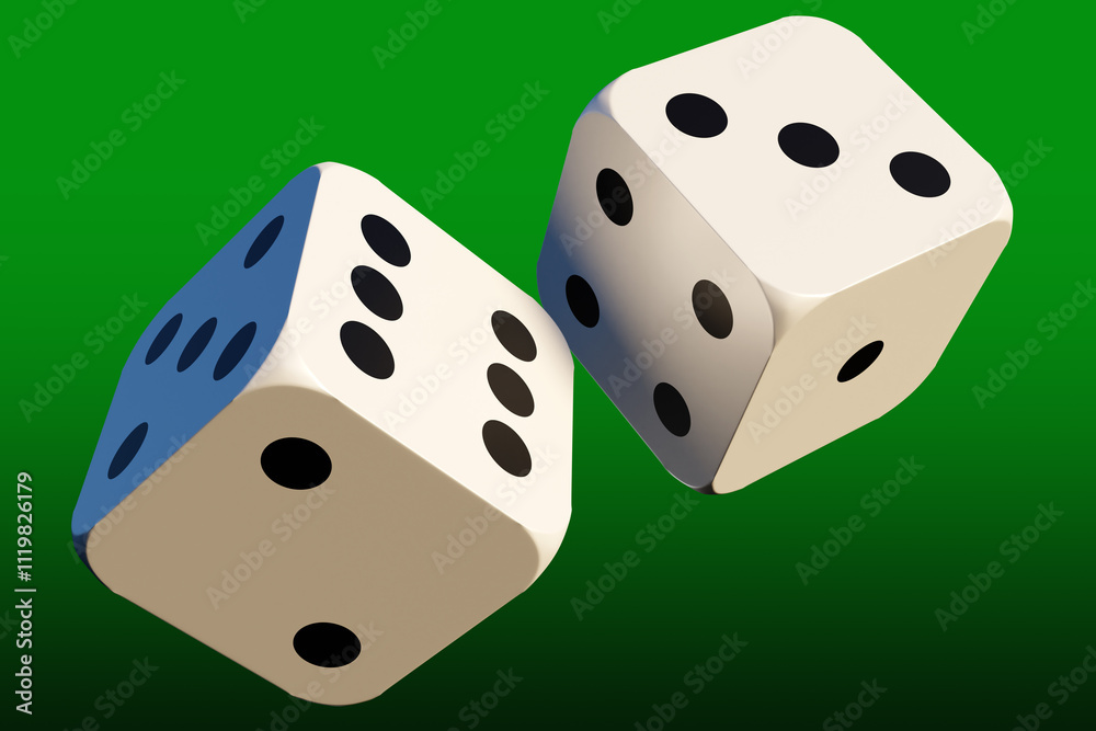 Gambling cubes. Dice for casino. Cubes with different values on sides. Gambling cubes on green background. Dice for testing your luck. Casino industry. Gambling attributes. 3d image Gambling cubes. Dice for casino. Cubes with different values on sides. Gambling cubes on green background. Dice for testing your luck. Casino industry. Gambling attributes. 3d image