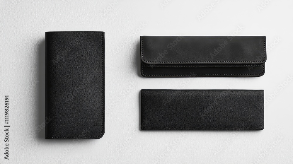Modern black clutch accessories displayed elegantly on a minimalistic white background for stylish fashion imagery. Modern black clutch accessories displayed elegantly on a minimalistic white background for stylish fashion imagery.