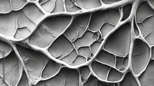 Close-up of a leaf's intricate network of veins showcasing natural patterns and textures in monochrome detail for botanical and nature studies