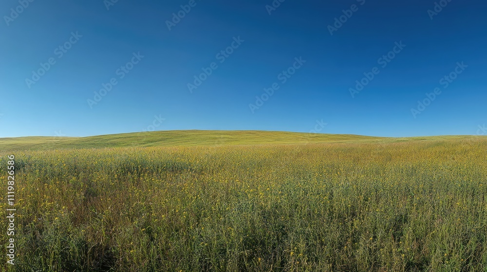 Ripening wheat field under a clear blue sky showcasing vibrant greenery and expansive rural landscape in a panoramic view Ripening wheat field under a clear blue sky showcasing vibrant greenery and expansive rural landscape in a panoramic view