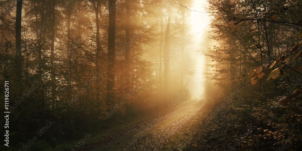 Mystical golden scenery in a forest with sunlight and fog Mystical golden scenery in a forest with sunlight and fog