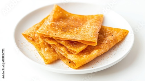 Crispy spring roll skins with cheese and curry powder on a white plate against a neutral background ideal for culinary presentations and recipes