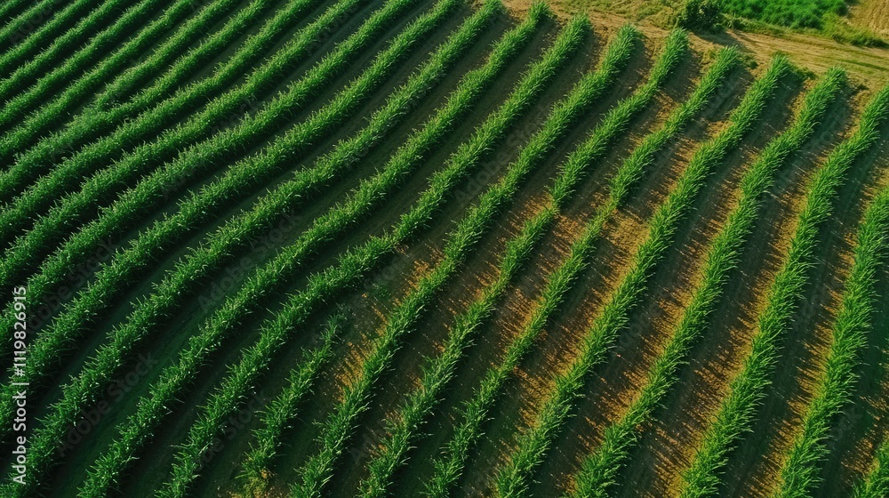 Fototapeta premium Aerial view of lush green cultivated farmland with organized rows of crops under a clear blue sky showcasing agricultural beauty and productivity