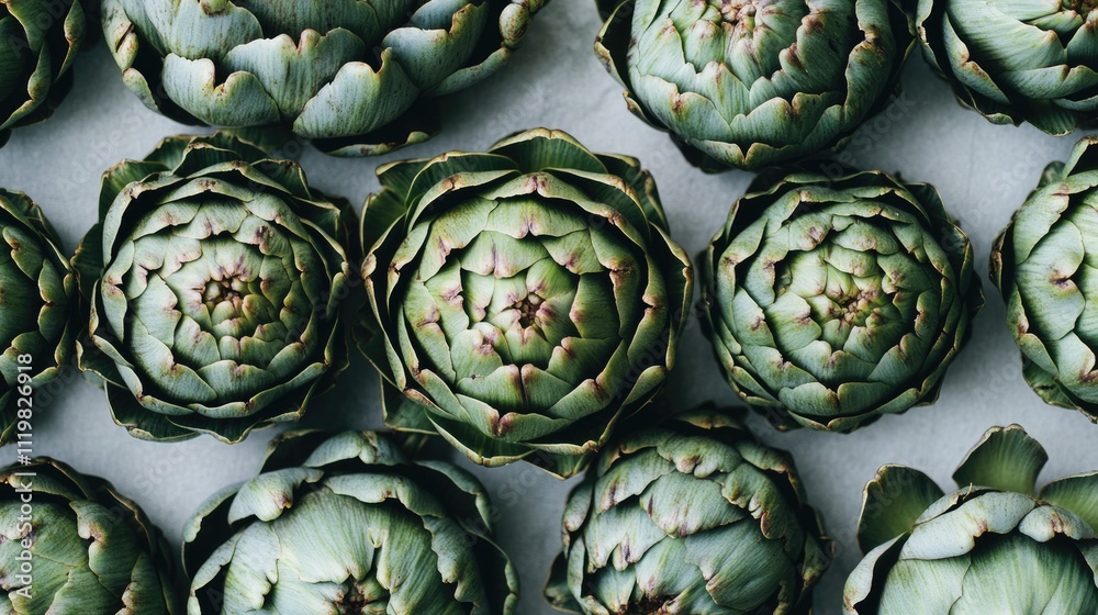 Obraz premium Freshly harvested artichokes arranged on a neutral background showcasing their vibrant green hues and unique textures.