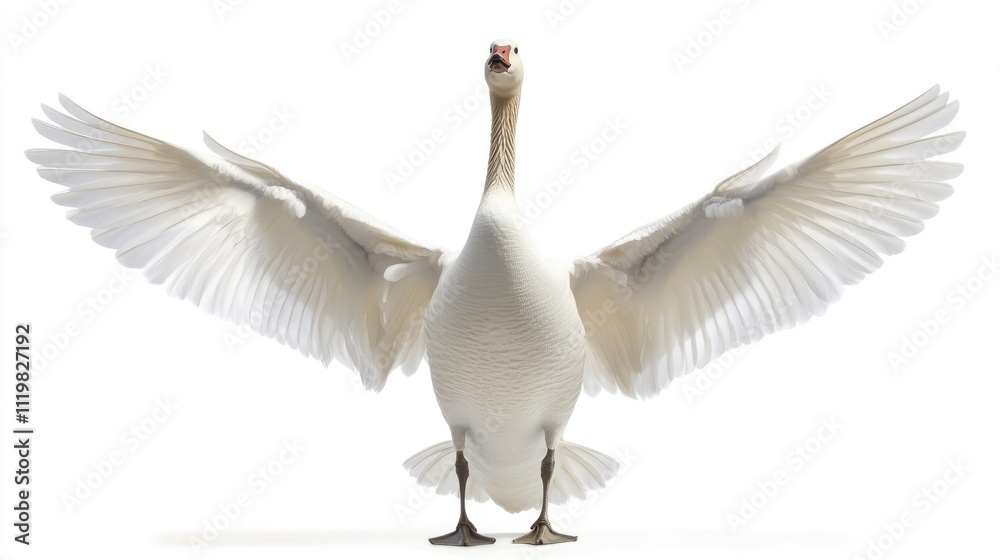 Obraz premium Majestic white goose spreading its wings in a graceful display against a clean white background showcasing its beauty and elegance.
