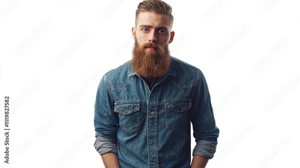 Fototapeta premium Hipster man with beard in denim shirt and jeans posing confidently against a clean white background showcasing modern male fashion style.