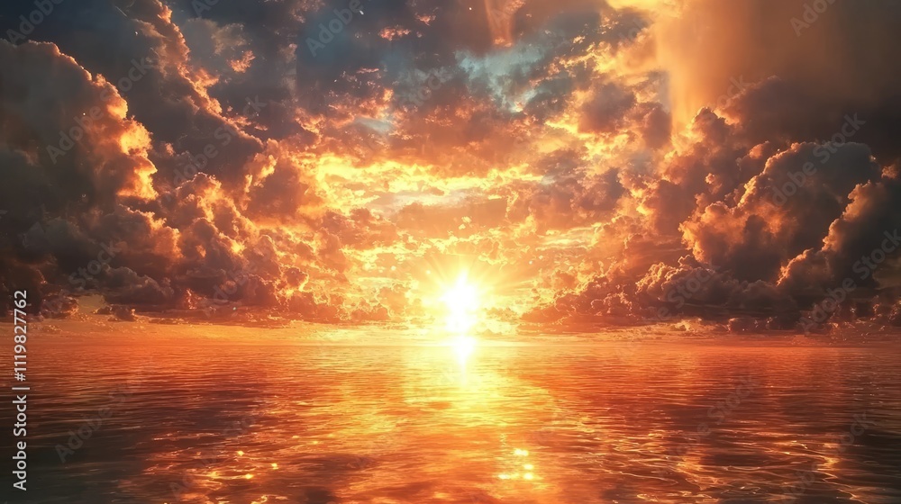 Serene sunset over the ocean with golden reflections and dramatic clouds creating a tranquil atmosphere in the evening sky. Serene sunset over the ocean with golden reflections and dramatic clouds creating a tranquil atmosphere in the evening sky.