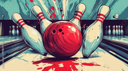 A dynamic graffiti artwork capturing a bowling ball's impact on pins.