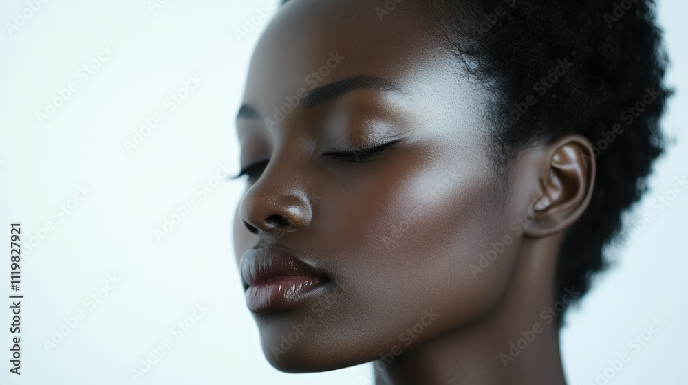 Portrait of a serene woman with flawless skin and closed eyes captured against a white background showcasing natural beauty and tranquility. Portrait of a serene woman with flawless skin and closed eyes captured against a white background showcasing natural beauty and tranquility.