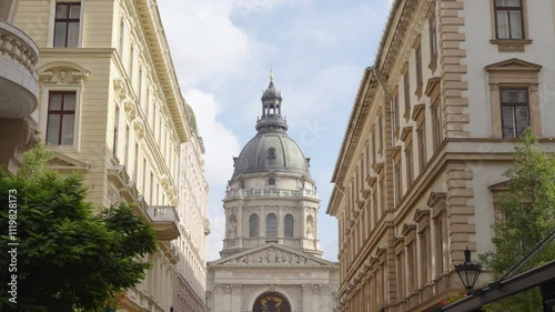 Budapest, Hungary - October 12, 2024: Street view of Saint Stephen Basilica (Szent Istv�n Bazilika) in Budapest, Hungary. Modern and classic architectural styles.