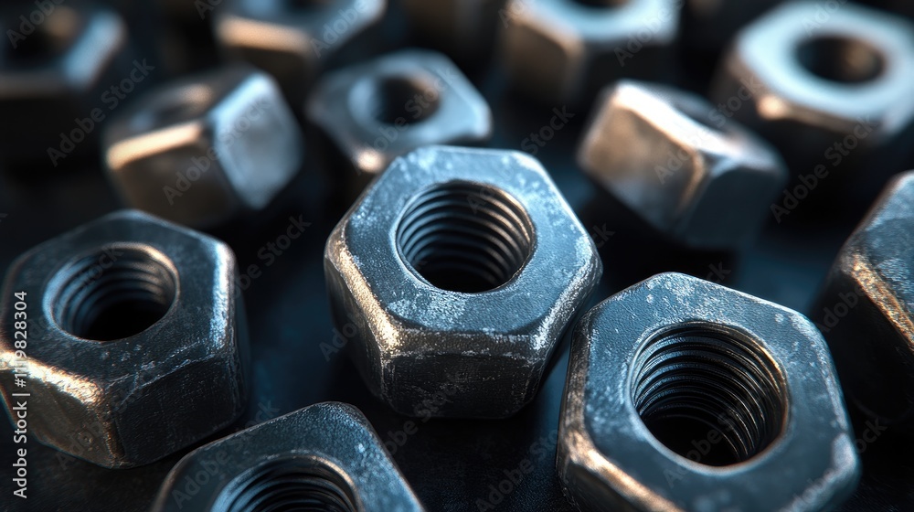 Close-up of various metal nuts scattered on a dark background showcasing their texture and industrial design elements. Close-up of various metal nuts scattered on a dark background showcasing their texture and industrial design elements.