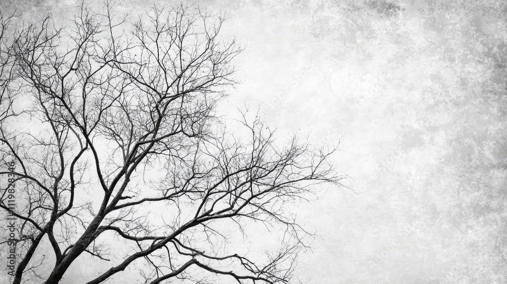 Bare tree branches silhouetted against a textured gray sky background creating a moody atmospheric effect for design purposes. Bare tree branches silhouetted against a textured gray sky background creating a moody atmospheric effect for design purposes.