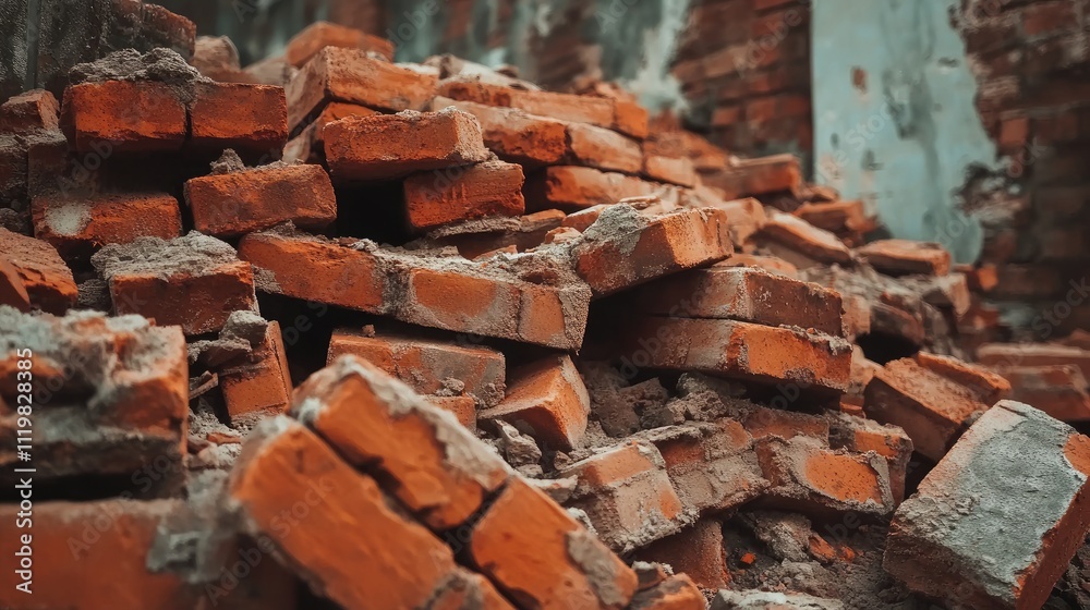 Old red brick building remnants stacked haphazardly showcasing weathered textures and urban decay in an abandoned construction site. Old red brick building remnants stacked haphazardly showcasing weathered textures and urban decay in an abandoned construction site.