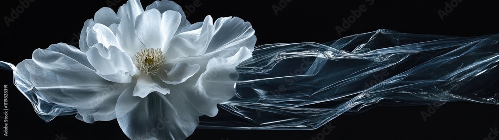 Fototapeta premium White flower with flowing fabric in dark background.