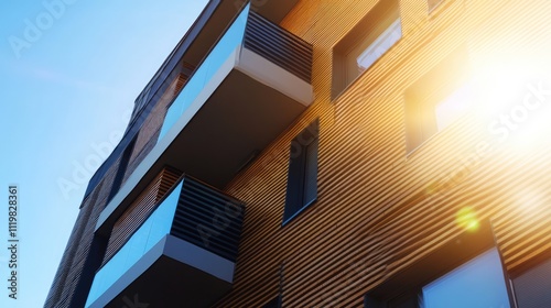 Contemporary residential building highlighting air source heat pumps in a sunny environment emphasizing sustainable energy solutions