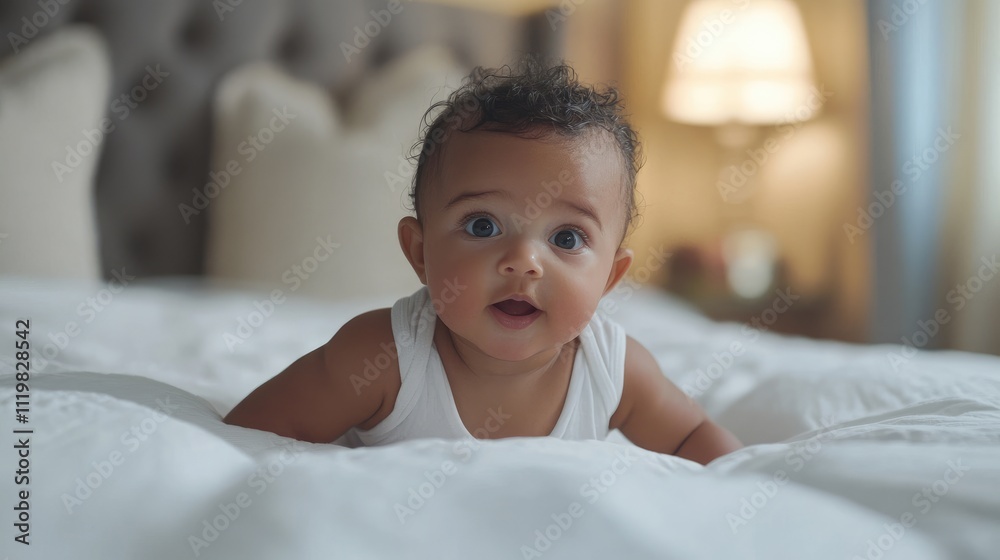 Adorable baby peeking over white bedding with curious expression in softly lit room Adorable baby peeking over white bedding with curious expression in softly lit room