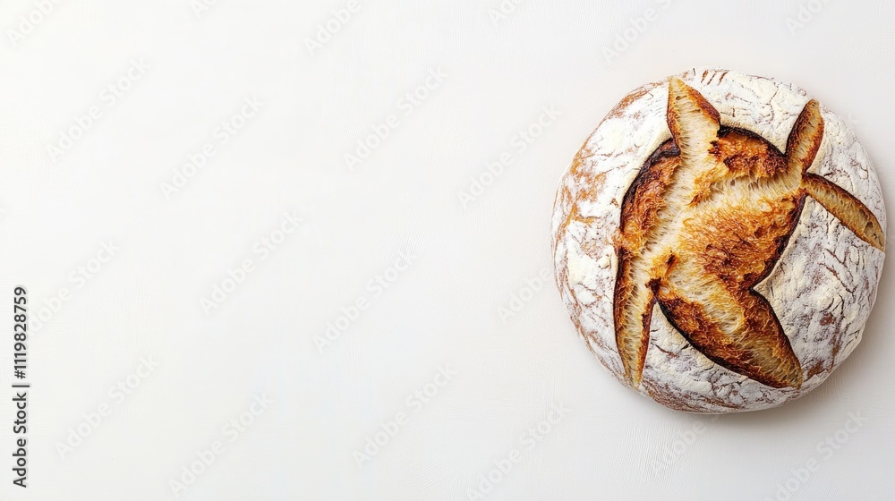 Artisan white bread loaf with a distinctive crust design on a minimalist white background Artisan white bread loaf with a distinctive crust design on a minimalist white background