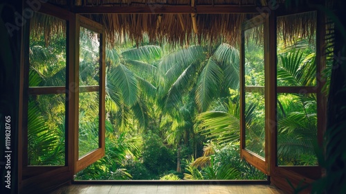 Tropical bungalow window showcasing lush greenery and palms in an Asian jungle resort setting ideal for nature and travel themes photo