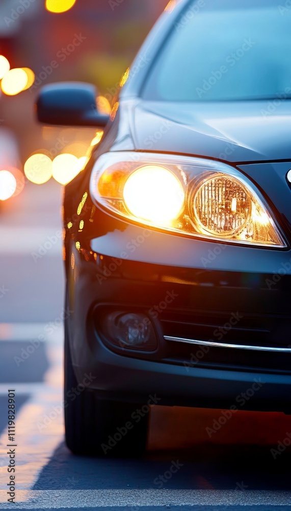 Headlights Illuminated on Asphalt A New Sedan Catches the Warm Sunlight of a Setting Sun. Headlights Illuminated on Asphalt A New Sedan Catches the Warm Sunlight of a Setting Sun.