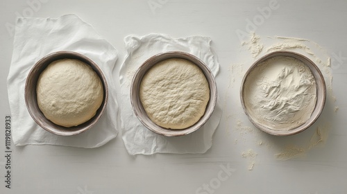 Stages of sourdough bread making displayed in a series of bowls showing dough rising and flour preparation on a clean surface. photo