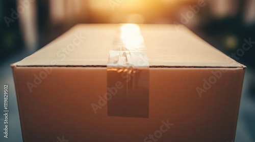 Close up of a cardboard box with tape on a blurred background illuminated by warm sunlight in the evening hours showcasing packaging details photo