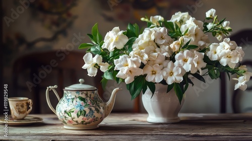 Wallpaper Mural Vintage ceramic teapot with bouquet of gardenia flowers in romantic arrangement set on rustic table with antique charm. Torontodigital.ca