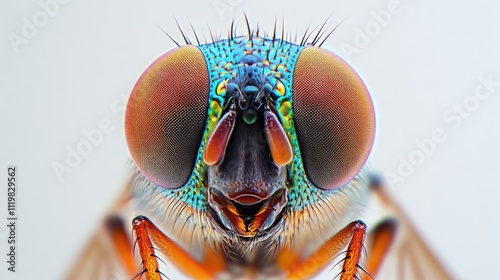 Close up of a colorful fly with intricate details and vibrant colors against a white background showcasing macro photography techniques