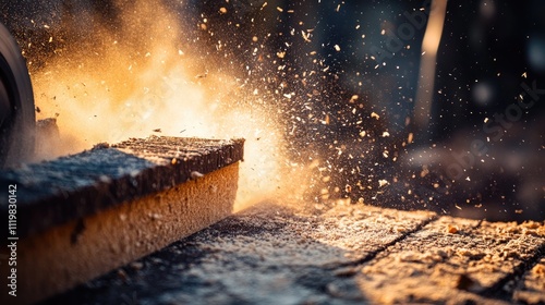 Industrial saw cutting through wood with dust and debris flying in a workshop setting highlighting woodworking and machinery dynamics photo