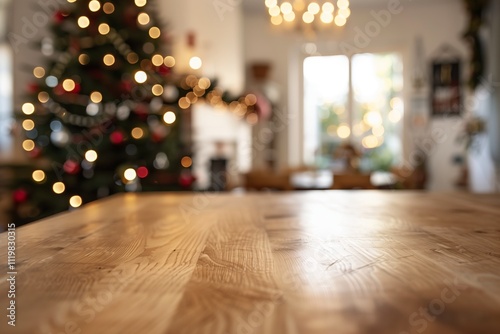 Wooden countertop table surface for product shots, in focus on foreground, blurred soft focus Christmas tree and decorated room in the background. Christmas home interior, background. Great backdrop