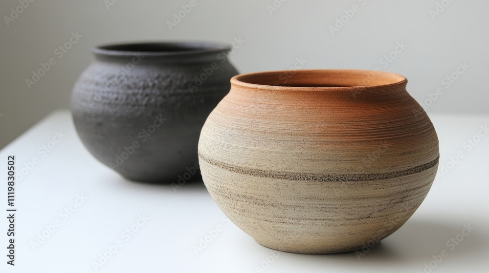 Close up of two handcrafted clay pots showcasing texture and color diversity on a neutral background Close up of two handcrafted clay pots showcasing texture and color diversity on a neutral background