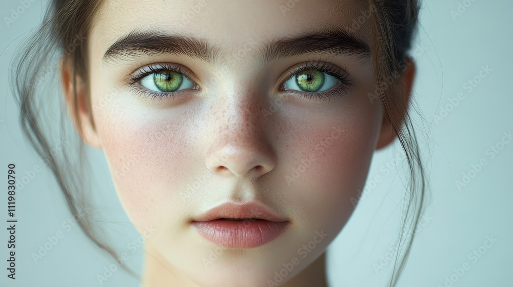 Naklejka premium Young girl with flawless skin and captivating green eyes gently touching her face against a soft white background in studio setting