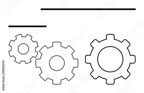 Three gears connected in various sizes with horizontal lines above. Ideal for collaboration, engineering, teamwork, mechanics, process optimization, strategic planning, innovation. Line metaphor