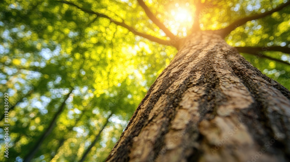 Sunlit tree trunk perspective in lush forest with blurred background creating a serene and natural atmosphere of tranquility and growth Sunlit tree trunk perspective in lush forest with blurred background creating a serene and natural atmosphere of tranquility and growth