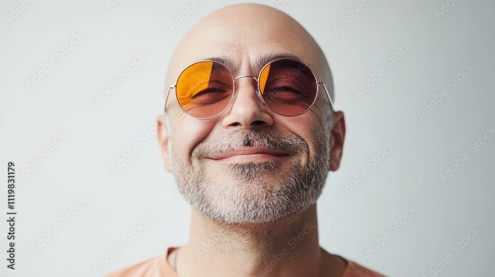 Smiling bald man with sunglasses posing against a light background conveying confidence and positivity in a modern lifestyle portrait. Smiling bald man with sunglasses posing against a light background conveying confidence and positivity in a modern lifestyle portrait.