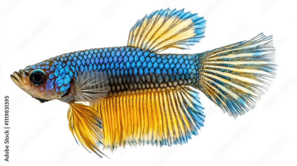 Fototapeta premium Vibrant Betta splendens fish showcasing striking colors and intricate fins against a clean white background for vivid aquatic displays