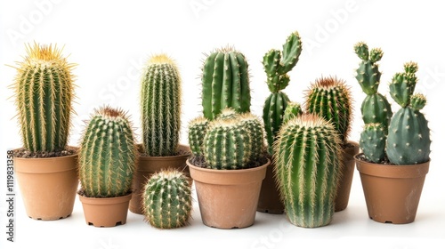 Assorted cacti of different sizes with long thorns displayed in terracotta pots on a white background from a flat lay perspective photo